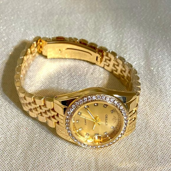 Grealy Accessories Beautiful Gold Tone Quartz Date Adjusted Ladies